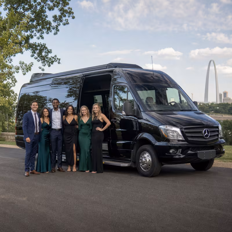 Group beside a Mercedes Sprinter limo from the St. Louis fleet