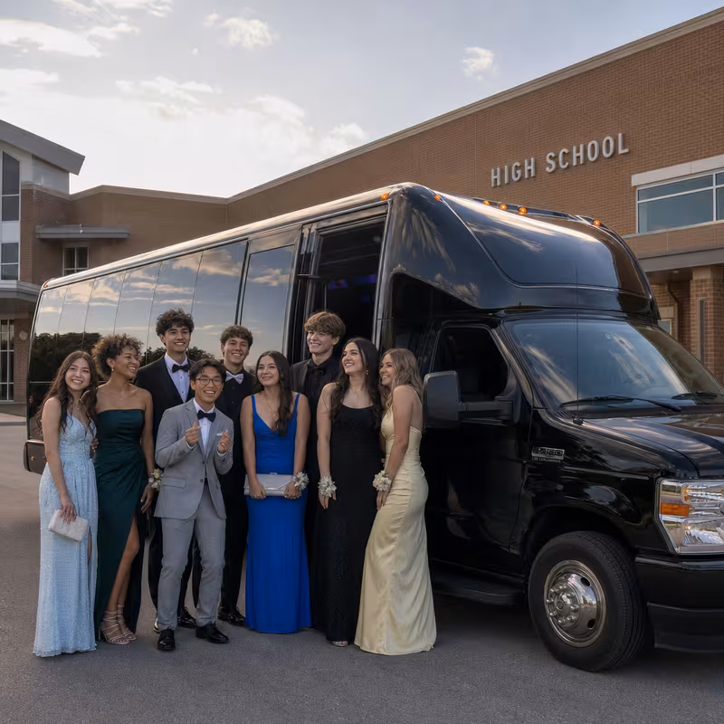 Group boarding a white charter bus for Prom & Homecoming Transportation transportation in St. Louis