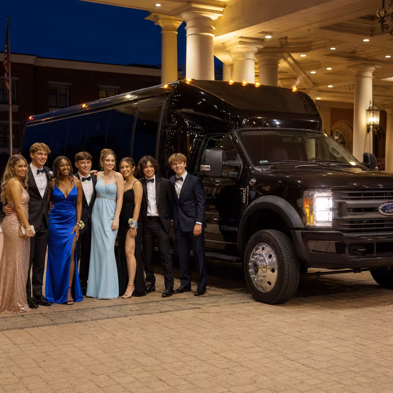 Party bus interior with wraparound leather seating and LED lighting in St. Louis